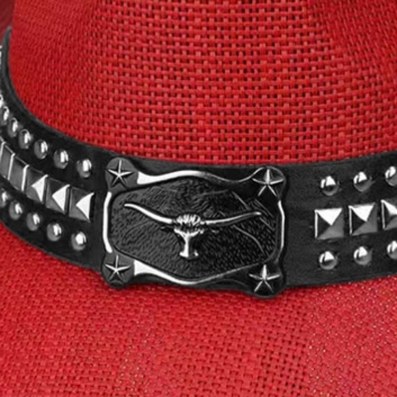 Red Western Studded Steer Head Straw Cowboy Hat Womens Statement Accessory